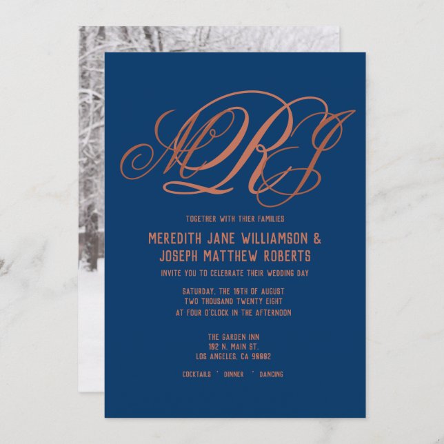 Navy Blue Copper Elegant Monogram Script Wedding Invitation (Front/Back)