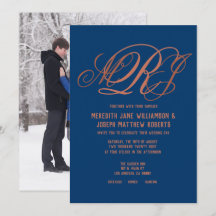 Navy Blue Copper Elegant Monogram Script Wedding