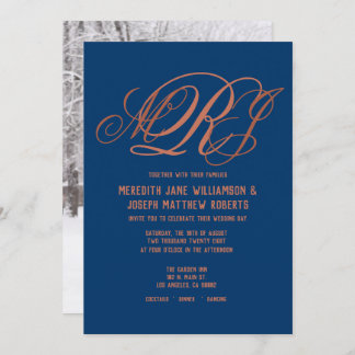 Navy Blue Copper Elegant Monogram Script Wedding Invitation