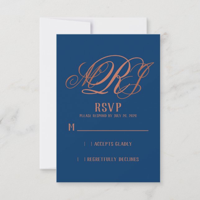 Navy Blue Copper Elegant Monogram Wedding RSVP (Front)