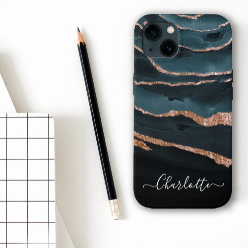 Navy Blue  Copper Elegant Script Abstract Name iPhone 13 Case