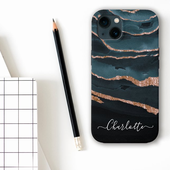 Navy Blue & Copper Elegant Script Abstract Name Case-Mate iPhone Case (Creator Uploaded)
