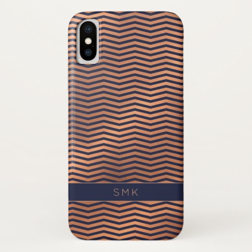 Navy Blue Copper Gold Foil Chevron Monogram iPhone XS Case