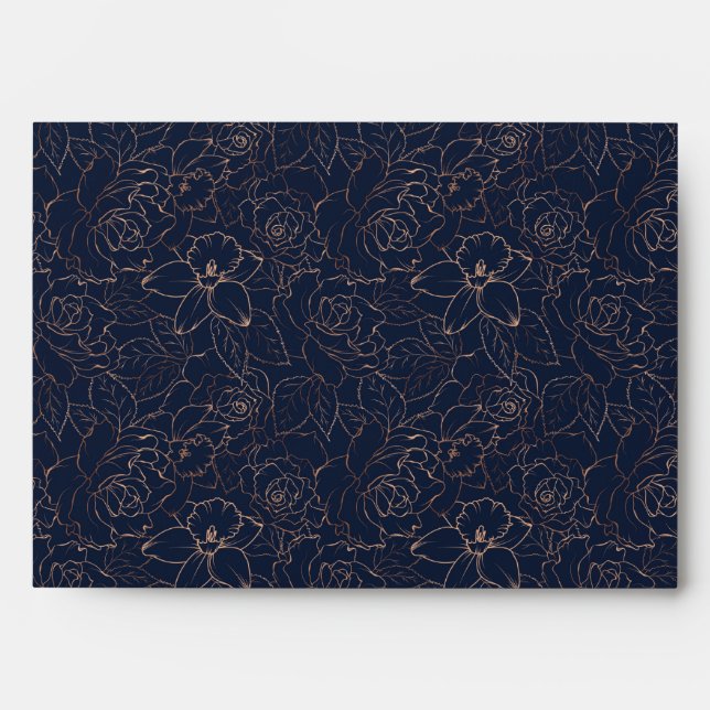Navy Blue Copper Gold Roses Invitation Matching Envelope (Front)