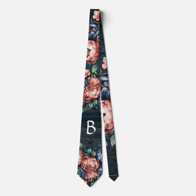 Navy Blue & Copper Peony Wood Groom Neck Tie (Front)