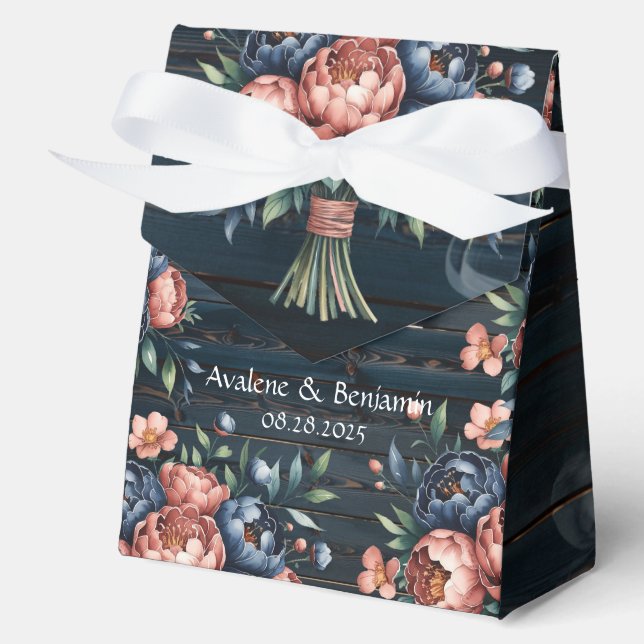 Navy Blue & Copper Peony Wood Wedding Favor Boxes (Front)