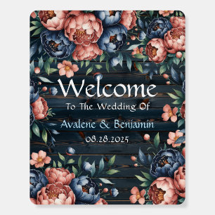 Navy Blue & Copper Peony Wood Wedding Welcome Sign