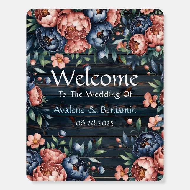 Navy Blue & Copper Peony Wood Wedding Welcome Sign (Front)