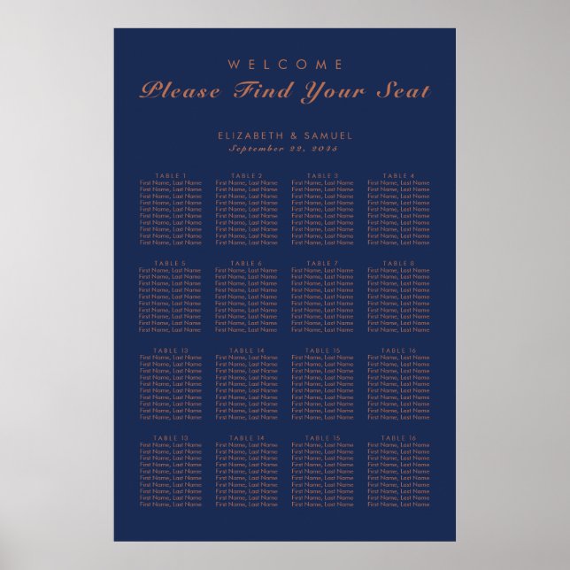 Navy Blue Copper Trees Avenue Table Plan Poster (Front)