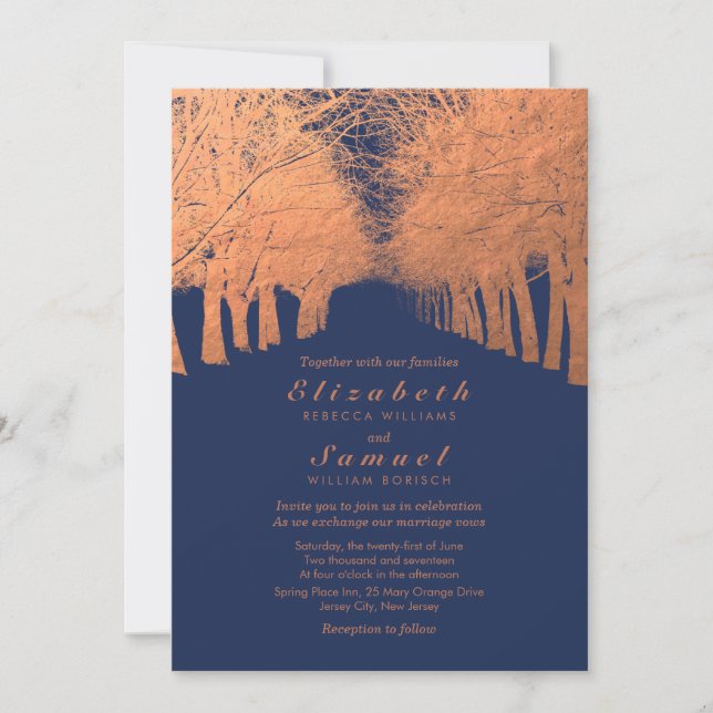 Navy Blue Copper Trees Avenue Wedding Invitation (Front)