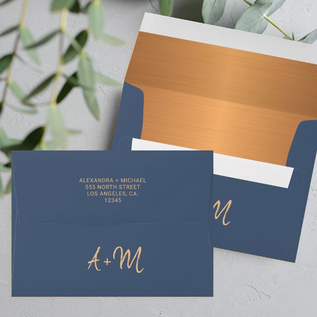 Navy blue copper typography monogram wedding envelope (Creator Uploaded)