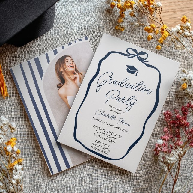 Navy Blue Coquette Ribbon Photo Graduation Letterpress Photo Cards (Navy Blue Coquette Ribbon Photo Graduation Letterpress Photo Cards)