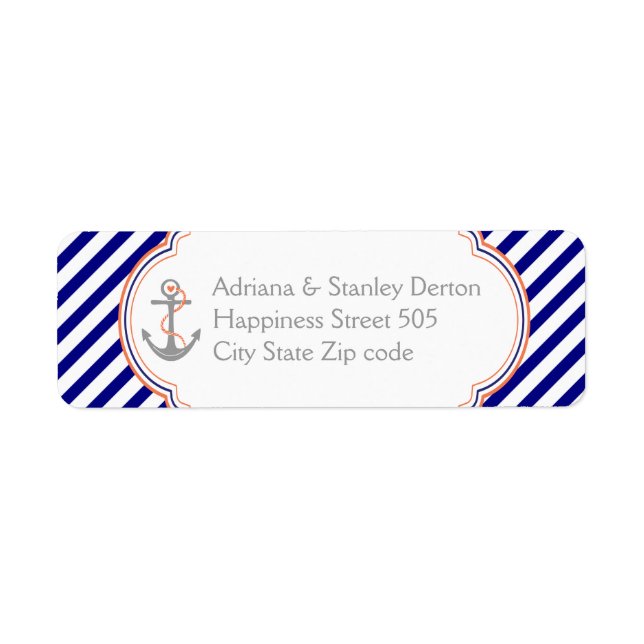Navy blue, coral anchor nautical wedding label (Front)