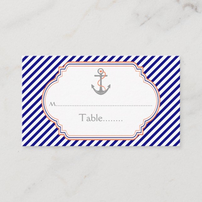 Navy blue coral anchor nautical wedding place card (Front)