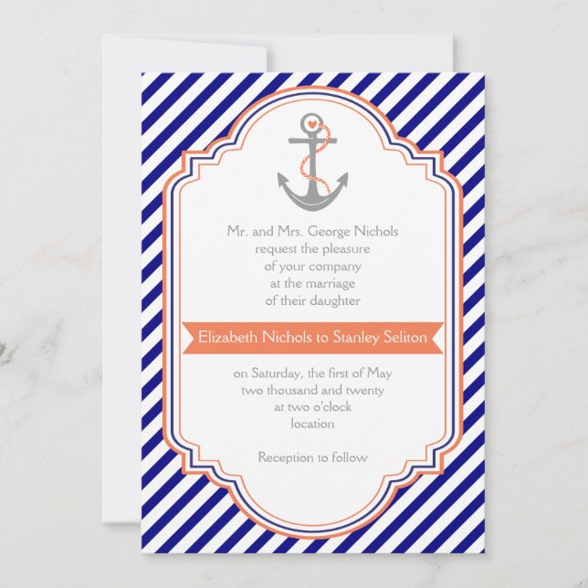 Navy blue, coral anchor & stripes nautical wedding invitation (Front)