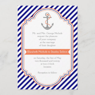 Navy blue, coral anchor & stripes nautical wedding invitation