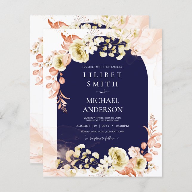 Navy Blue Coral Boho Floral Wedding Invites (Front/Back)