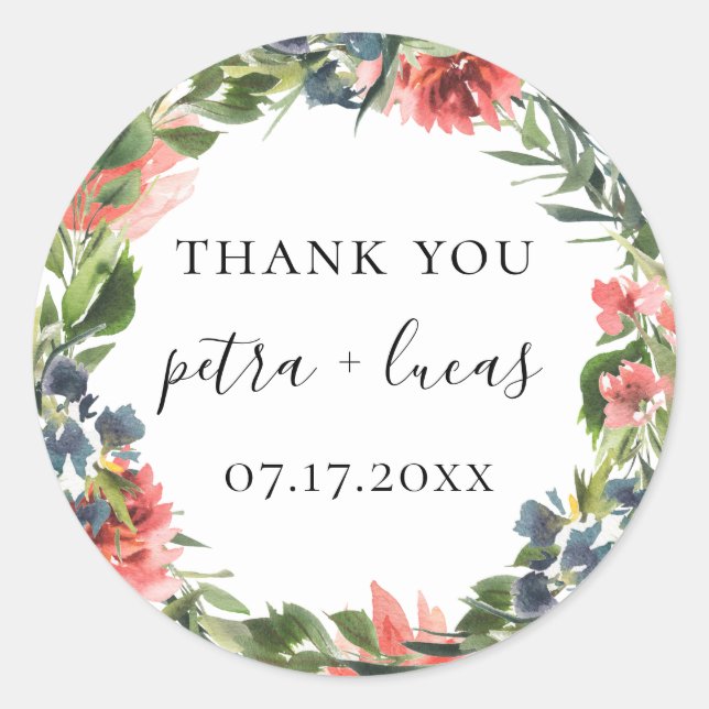 Navy Blue Coral Botanical Wedding Favor Classic Round Sticker (Front)