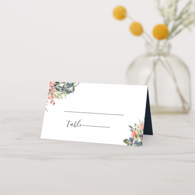 Navy Blue Coral Botanical Wedding Place Card (Front)