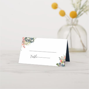 Navy Blue Coral Botanical Wedding Place Card