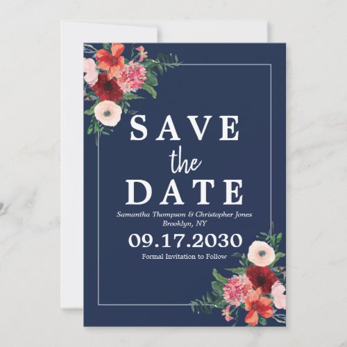 Navy Blue Coral Burgundy Floral Photo Wedding Save The Date