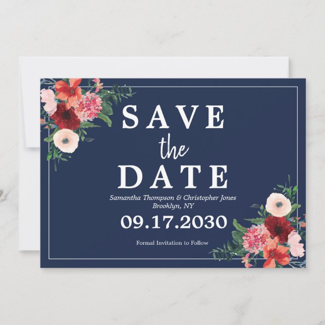 Navy Blue Coral Burgundy Floral Photo Wedding Save The Date (Front)