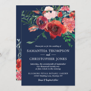 Navy Blue Coral Burgundy Floral Watercolor Wedding Invitation