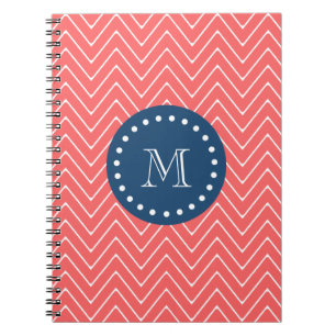Navy Blue, Coral Chevron Pattern Your Monogram Notebook