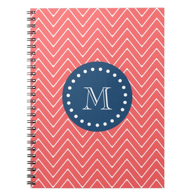 Navy Blue, Coral Chevron Pattern | Your Monogram Notebook (Front)