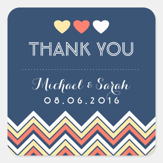 Navy Blue Coral Chevron Wedding Thank You Sticker (Front)
