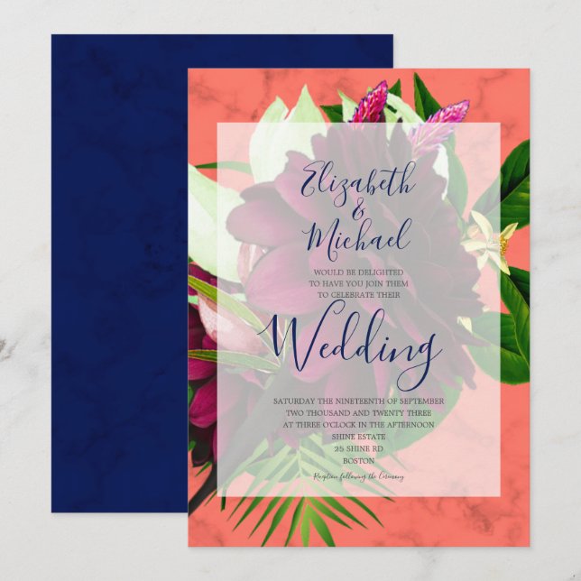 Navy Blue Coral Floral Elegant Modern Wedding Invitation (Front/Back)