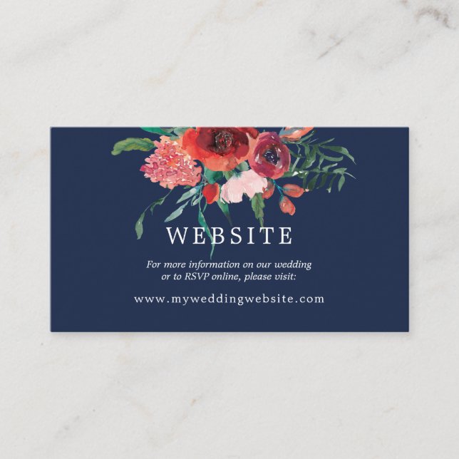 Navy Blue Coral Floral Reception Wedding Website Enclosure Card (Front)