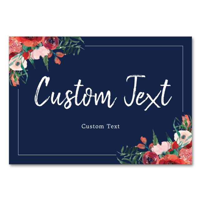 Navy Blue Coral Floral Reserved Wedding Sign Table Number (Front)