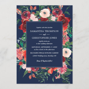 Navy Blue Coral Floral Watercolor Modern Wedding Invitation