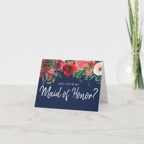 Navy Blue Coral Floral Will You Be Maid of Honor Note Card