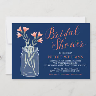 Navy Blue Coral Flowers Mason Jar Bridal Shower Invitation