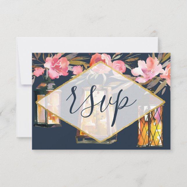 Navy Blue Coral Lanterns Floral RSVP Card (Front)