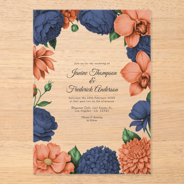 Navy Blue & Coral Modern Botanical Wedding Acrylic Invitations (Front)