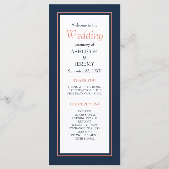 Navy Blue Coral Modern Minimalist Wedding Program (Front)