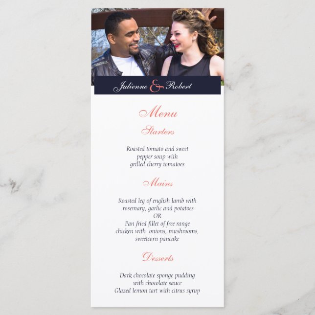 Navy Blue Coral Modern Photo Wedding Menu (Front)