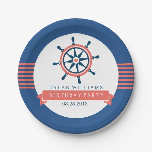 Navy Blue  Coral Nautical Boat Wheel  Stripes Paper Plates