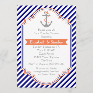 Navy blue, coral nautical couples wedding shower invitation