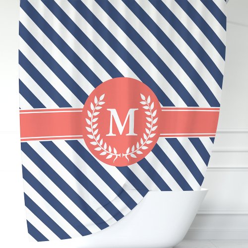 Navy Blue  Coral Nautical Stripes Monogram Shower Curtain