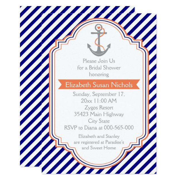 Navy Blue, Coral Nautical Wedding Bridal Shower Invitation