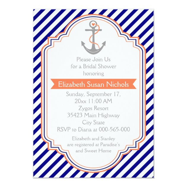 Navy Blue, Coral Nautical Wedding Bridal Shower Invitation