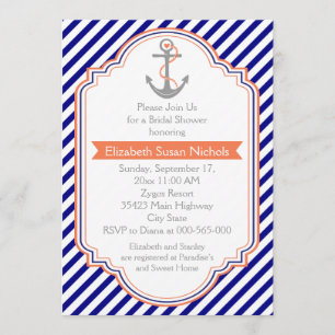 Navy blue, coral nautical wedding bridal shower invitation