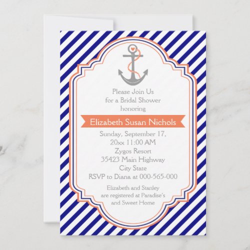 Navy blue coral nautical wedding bridal shower invitation