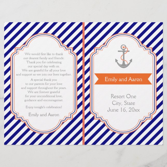 Navy blue, coral nautical wedding program (Front)