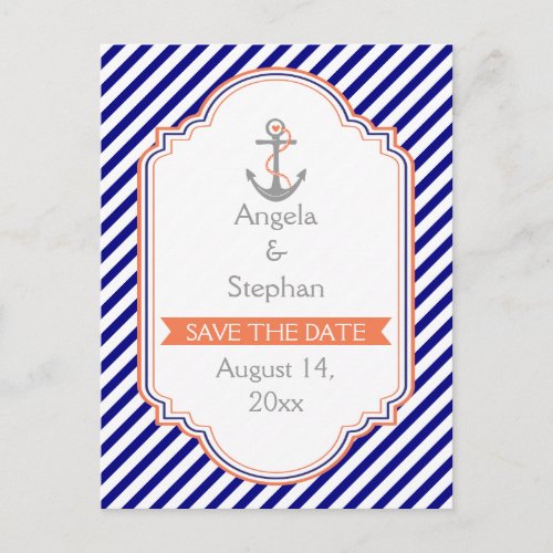 Navy blue coral nautical wedding Save the Date Announcement Postcard