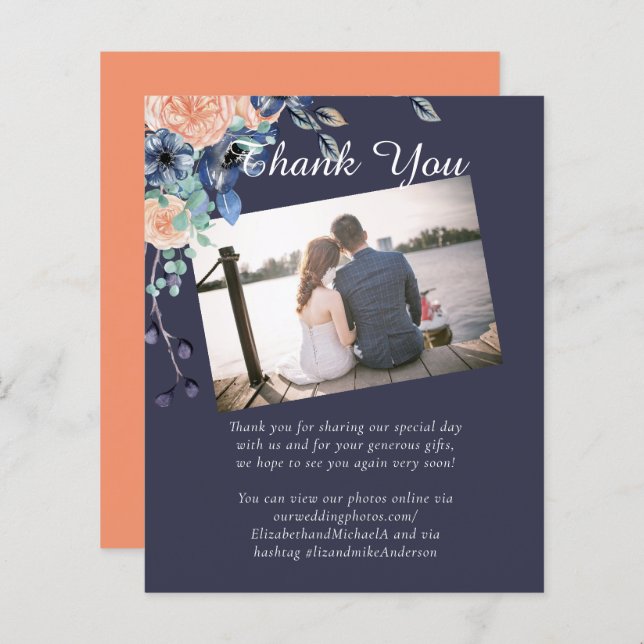 Navy Blue Coral Orange Wedding Thank You (Front/Back)